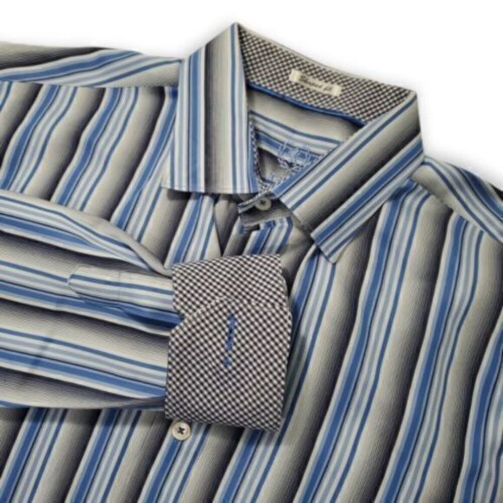 Bugatchi Men's Blue & White Striped Shirt With Check Pattern Flip Cuff *READ*‎